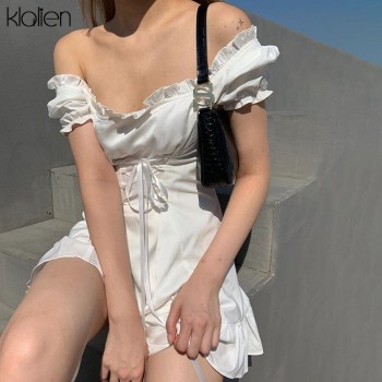 KLALIEN Fashion Elegant Bow White Female Mini Dress Summer Party Birthday Festival Cute Sexy French Romantic Silk Dress Women